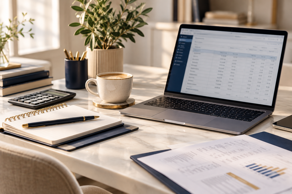 Accounting workspace with laptop, calculator and financial records