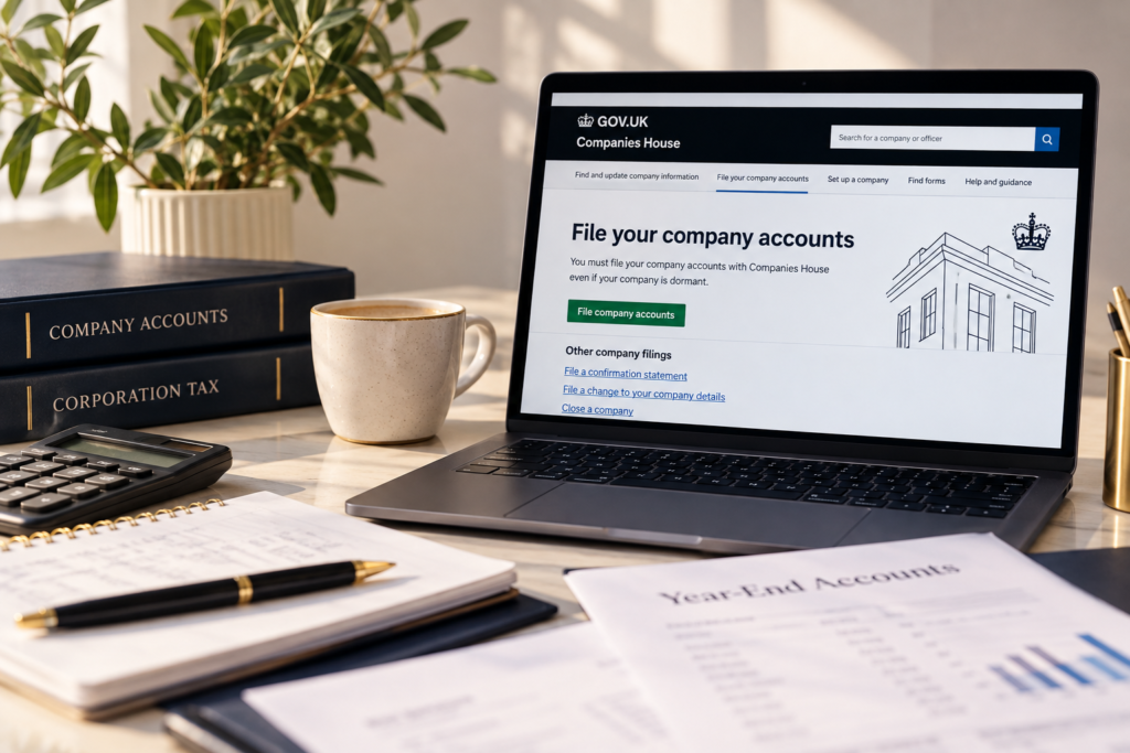 Year-end accounts preparation with Companies House filing on a laptop