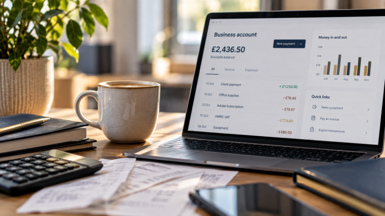 Business bank account showing cash flow, income and expenses for a small business