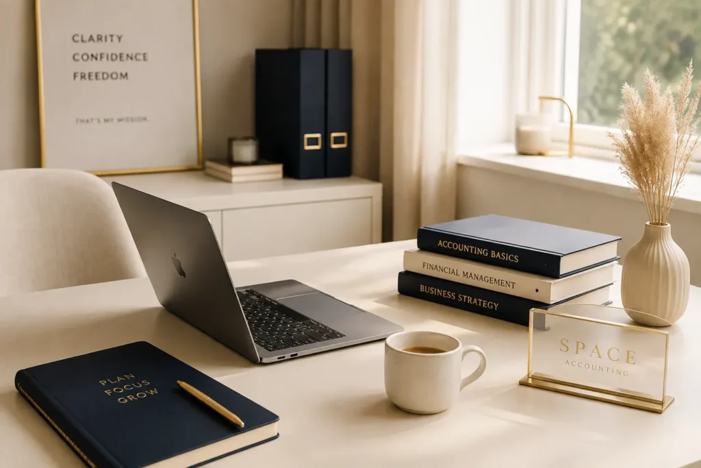 Accounting workspace with laptop and notebook