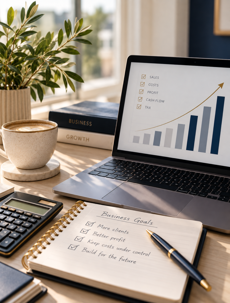 Small business performance showing sales, costs, profit, cash flow and tax